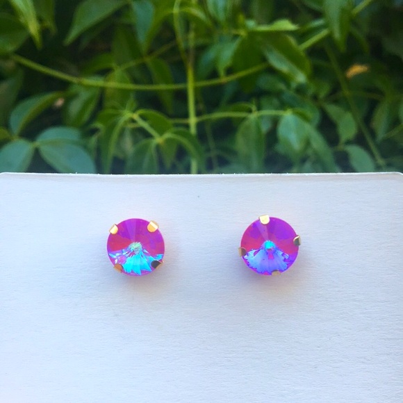 Jewelry - Fuchsia Hot Pink Aurora Borealis + Gold Rivoli Crystal Earrings